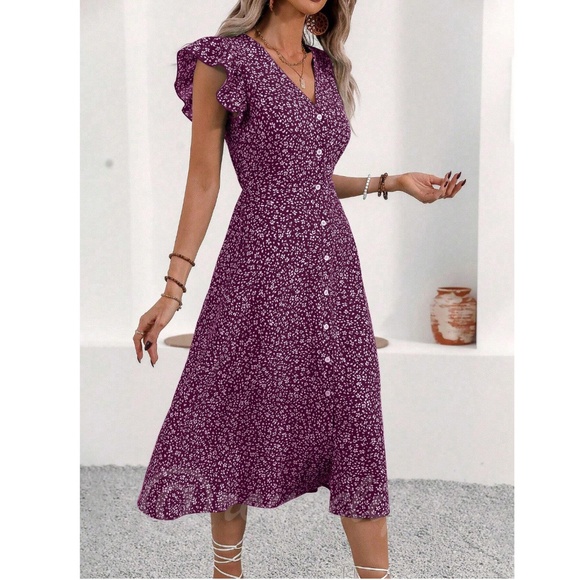 Boho Purple Floral V Neck Ruffle Hem Midi Length, A Line Button Up Dress - Picture 5 of 6